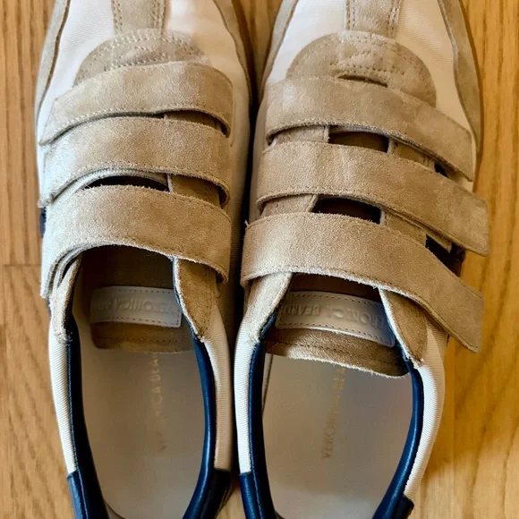 Veronica Beard Reagan Velcro Sneaker Beige & Navy Canvas & Leather Size 10 - Picture 6 of 10